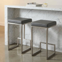 Bar Stools, Set of 2, Gray Faux Leather, Stainless Steel Sled Legs