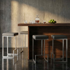 Bar Stools, Set of 2, Gray Faux Leather, Stainless Steel Sled Legs