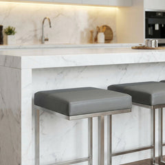 Bar Stools, Set of 2, Gray Faux Leather, Stainless Steel Sled Legs