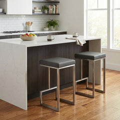 Bar Stools, Set of 2, Gray Faux Leather, Stainless Steel Sled Legs