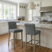 Bar Stools, Set of 2, Gray Polyester Blend, Solid Rubberwood Frame