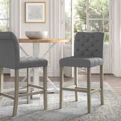 Bar Stools, Set of 2, Gray Polyester Blend, Solid Rubberwood Frame