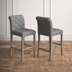 Bar Stools, Set of 2, Gray Polyester Blend, Solid Rubberwood Frame