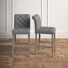 Bar Stools, Set of 2, Gray Polyester Blend, Solid Rubberwood Frame