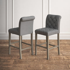 Bar Stools, Set of 2, Gray Polyester Blend, Solid Rubberwood Frame