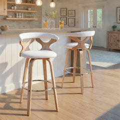 Bar Stools, Set of 2, Swivel Seats with White Washed Wood Base