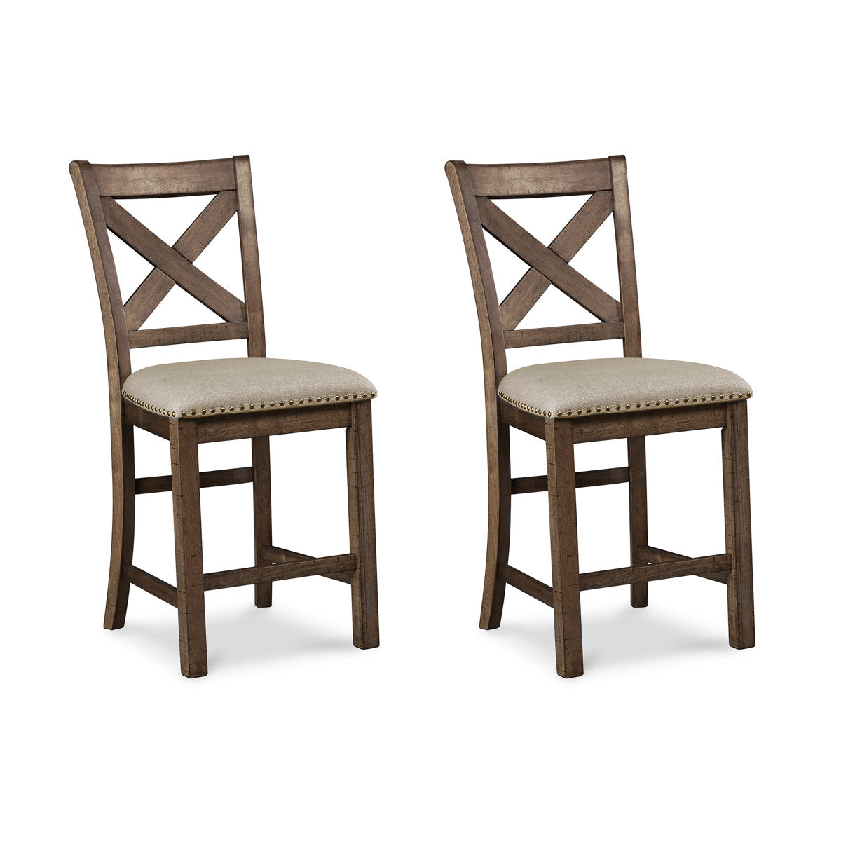 Bar Stools, Set of 2, Wood Frame, Beige Seat, Brown Distressed Base