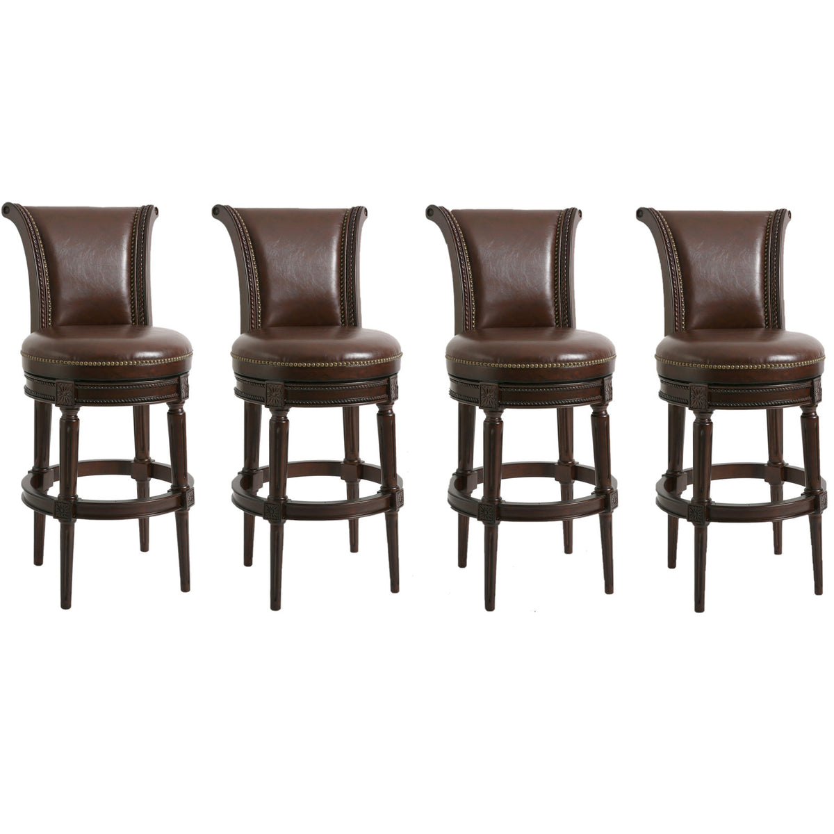 Bar Stools, Set of 4, Brown Faux Leather with Walnut Frame
