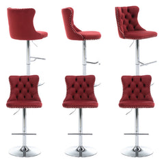 Bar Stools, Set of 6, Wine Red Velvet, Metal Frame