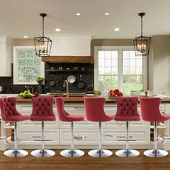 Bar Stools, Set of 6, Wine Red Velvet, Metal Frame