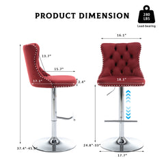 Bar Stools, Set of 6, Wine Red Velvet, Metal Frame