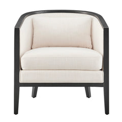 Barrel Chair, Ivory Fabric Upholstery with Black Legs