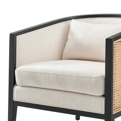 Barrel Chair, Ivory Fabric Upholstery with Black Legs