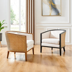 Barrel Chair, Ivory Fabric Upholstery with Black Legs