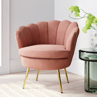 Barrel Chair, Pink Velvet, Gold Metal Legs