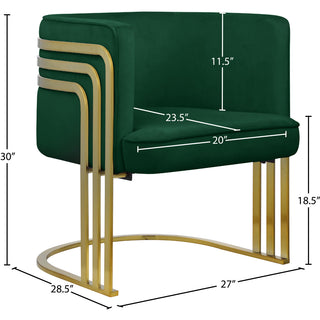 Barrel Chair, Velvet Upholstery, Green with Gold Metal Legs