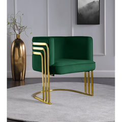 Barrel Chair, Velvet Upholstery, Green with Gold Metal Legs