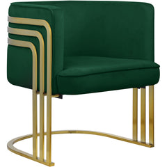 Barrel Chair, Velvet Upholstery, Green with Gold Metal Legs