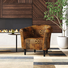 Barrel Chair with Patchwork Animal Print Polyester Blend and Black Legs