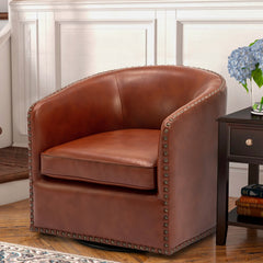 Barrel Chair with Swivel Base, Faux Leather Upholstery and Black Legs