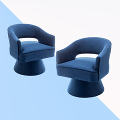 Barrel Chairs, Set of 2, Blue Velvet with Metal Legs