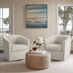 Barrel Chairs, Set of 2, Natural Multi Polyester with Black Metal Legs
