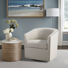 Barrel Chairs, Set of 2, Natural Multi Polyester with Black Metal Legs