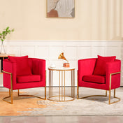 Barrel Chairs, Set of 2, Red Velvet with Gold Metal Legs