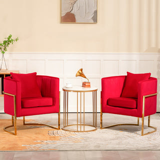 Barrel Chairs, Set of 2, Red Velvet with Gold Metal Legs