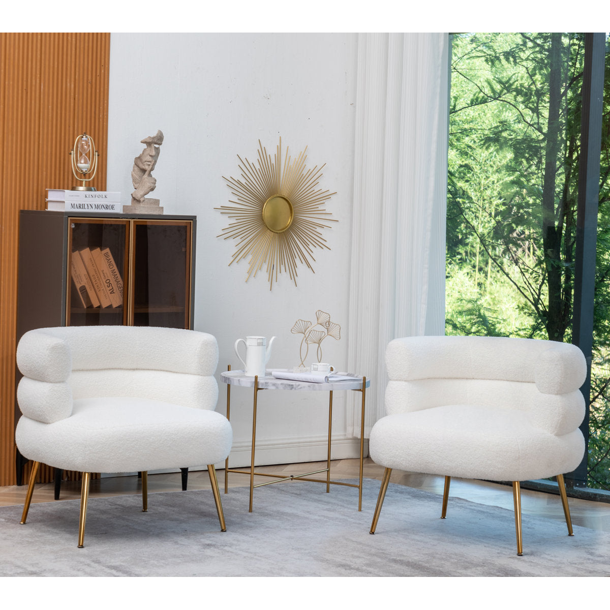 Barrel Chairs, Set of 2, White Teddy Fabric with Gold Metal Legs