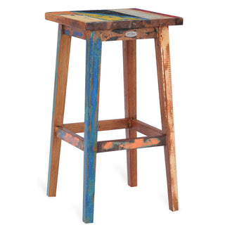 Barstool, Solid Recycled Teak Wood, Backless, Brown and Sky Blue