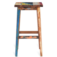 Barstool, Solid Recycled Teak Wood, Backless, Brown and Sky Blue