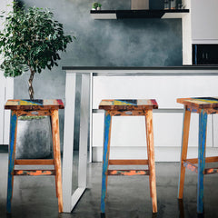 Barstool, Solid Recycled Teak Wood, Backless, Brown and Sky Blue