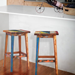 Barstool, Solid Recycled Teak Wood, Backless, Brown and Sky Blue