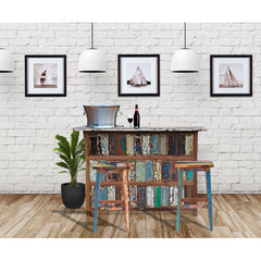 Barstool, Solid Recycled Teak Wood, Backless, Brown and Sky Blue