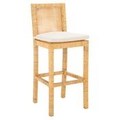 Barstool, Solid Wood Frame, White Linen Seat, Natural Base
