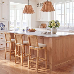 Barstool, Solid Wood Frame, White Linen Seat, Natural Base