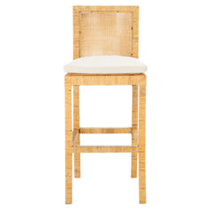Barstool, Solid Wood Frame, White Linen Seat, Natural Base