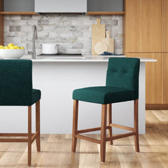Barstools, Set of 2, Solid Wood, Polyester, Green, Walnut Base