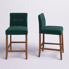 Barstools, Set of 2, Solid Wood, Polyester, Green, Walnut Base