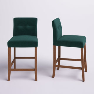Barstools, Set of 2, Solid Wood, Polyester, Green, Walnut Base