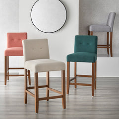 Barstools, Set of 2, Solid Wood, Polyester, Green, Walnut Base