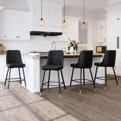 Barstools, Set of 4, Black Upholstered Seat and Back, Black Metal Legs