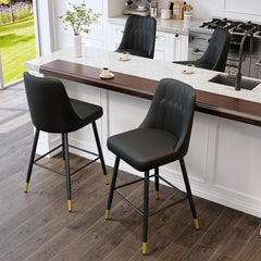 Barstools, Set of 4, Black Upholstered Seat and Back, Black Metal Legs