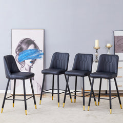 Barstools, Set of 4, Black Upholstered Seat and Back, Black Metal Legs
