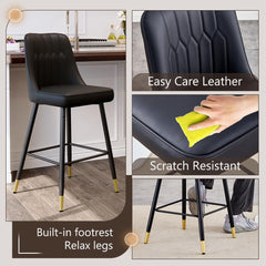 Barstools, Set of 4, Black Upholstered Seat and Back, Black Metal Legs