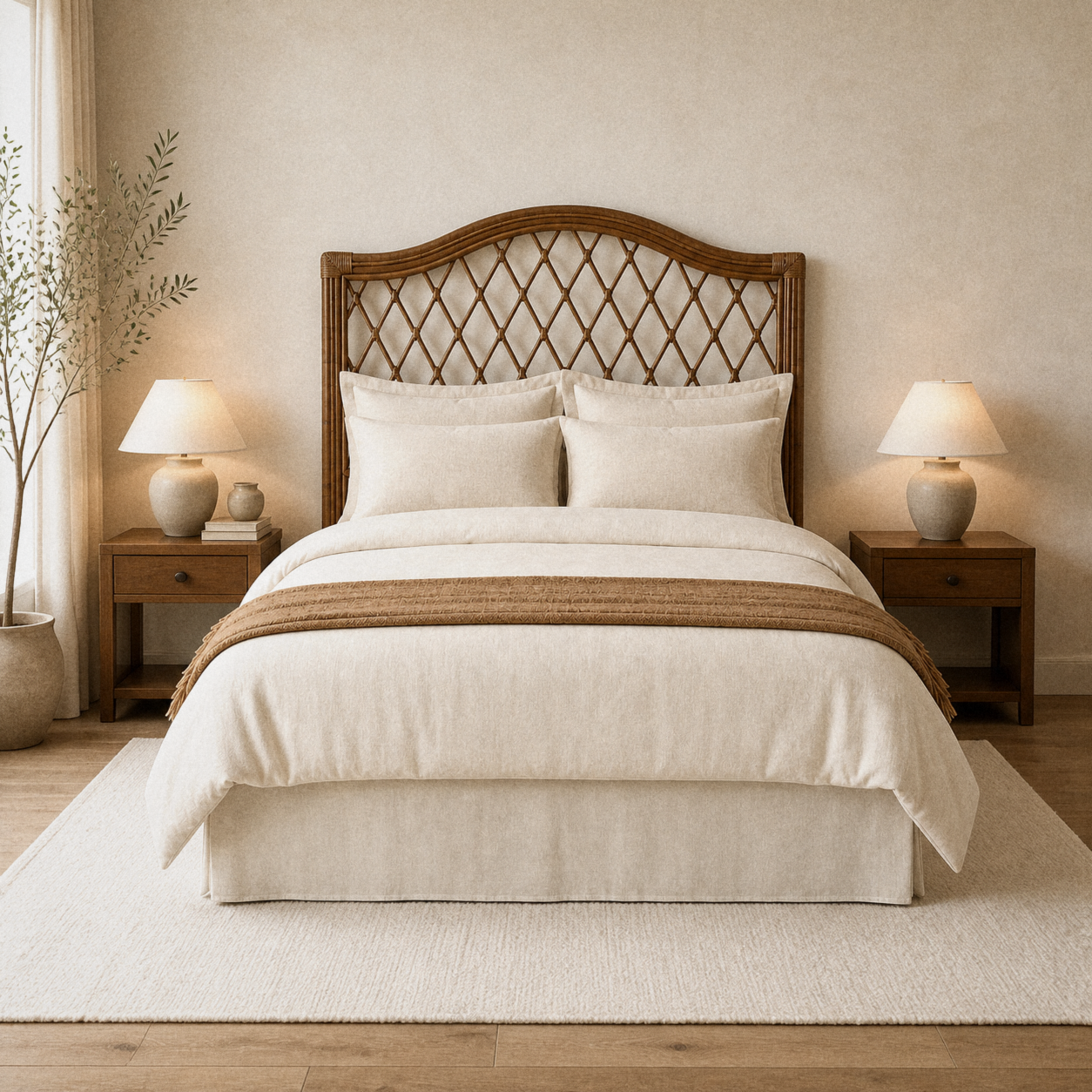 In a room | Brown arched rattan headboard with diamond lattice above a made bed in a warm bedroom