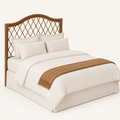 Headboard | Close view of the rattan frame, diamond overlay, and layered arched rail