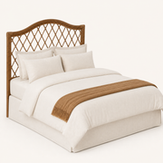 Headboard | Close view of the rattan frame, diamond overlay, and layered arched rail