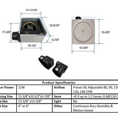Bathroom Fan, 110 CFM, Humidity Sensor, 5 Speeds, White